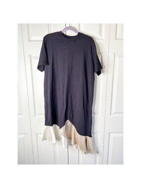 Clu Navy Blue Metallic Ruffle Hem Short Sleeve Crewneck Dress Womens Size Medium